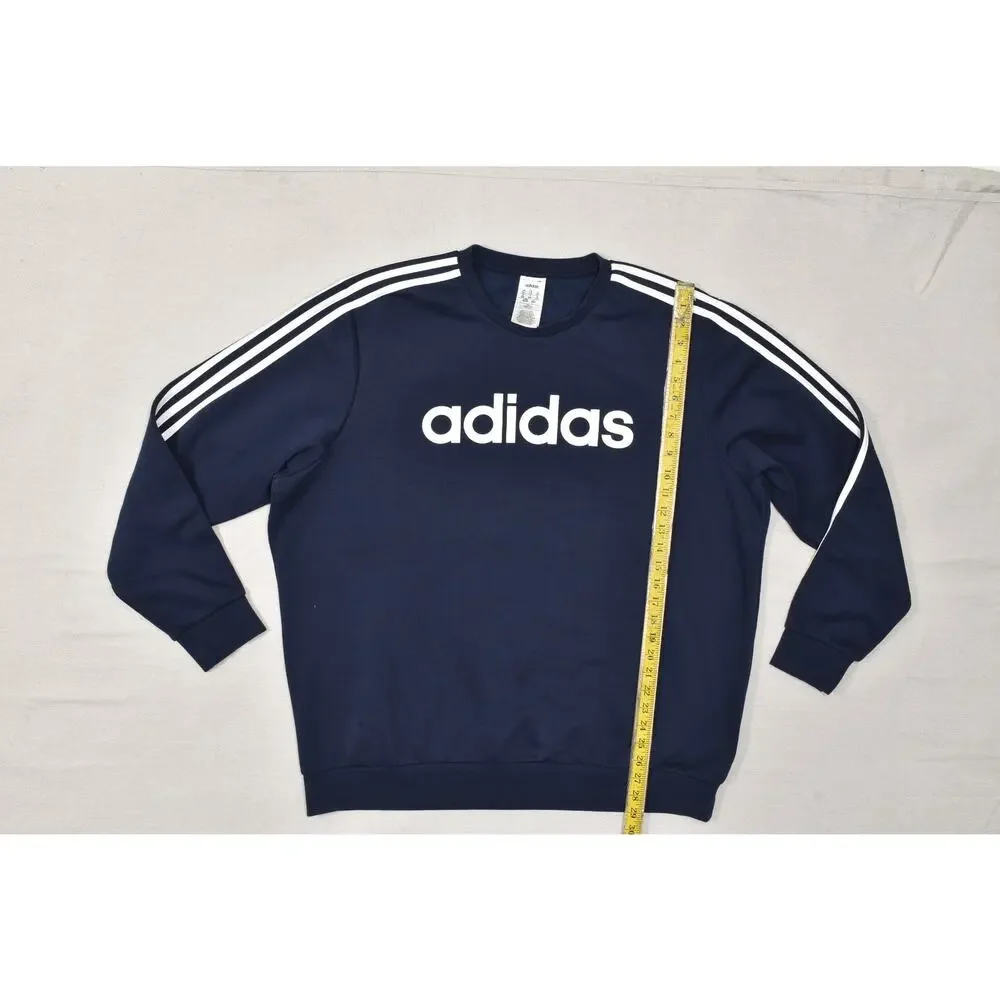 Adidas Men's 2XL Navy Blue Crewneck Sweatshirt White Linear Logo 3-Stripe Fleece